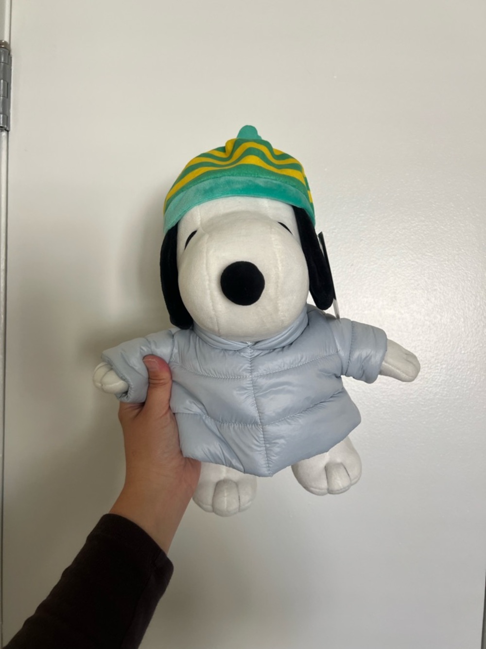 Peanuts Snoopy Plush in Light Puffer Jacket with Green & Yellow Striped Hat 2023